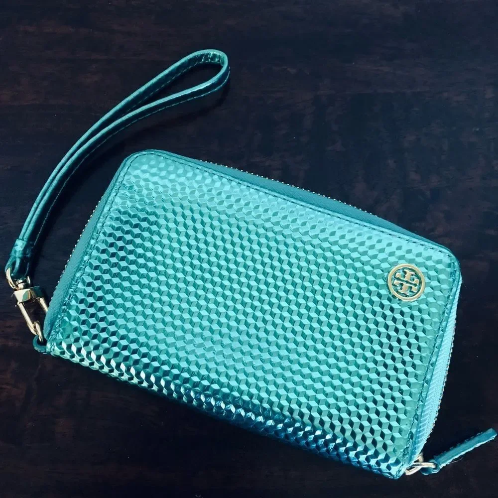 Tory Burch Metallic Blue Wristlet Wallet